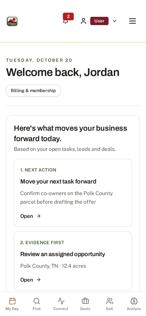 The LandConnect dashboard on a phone