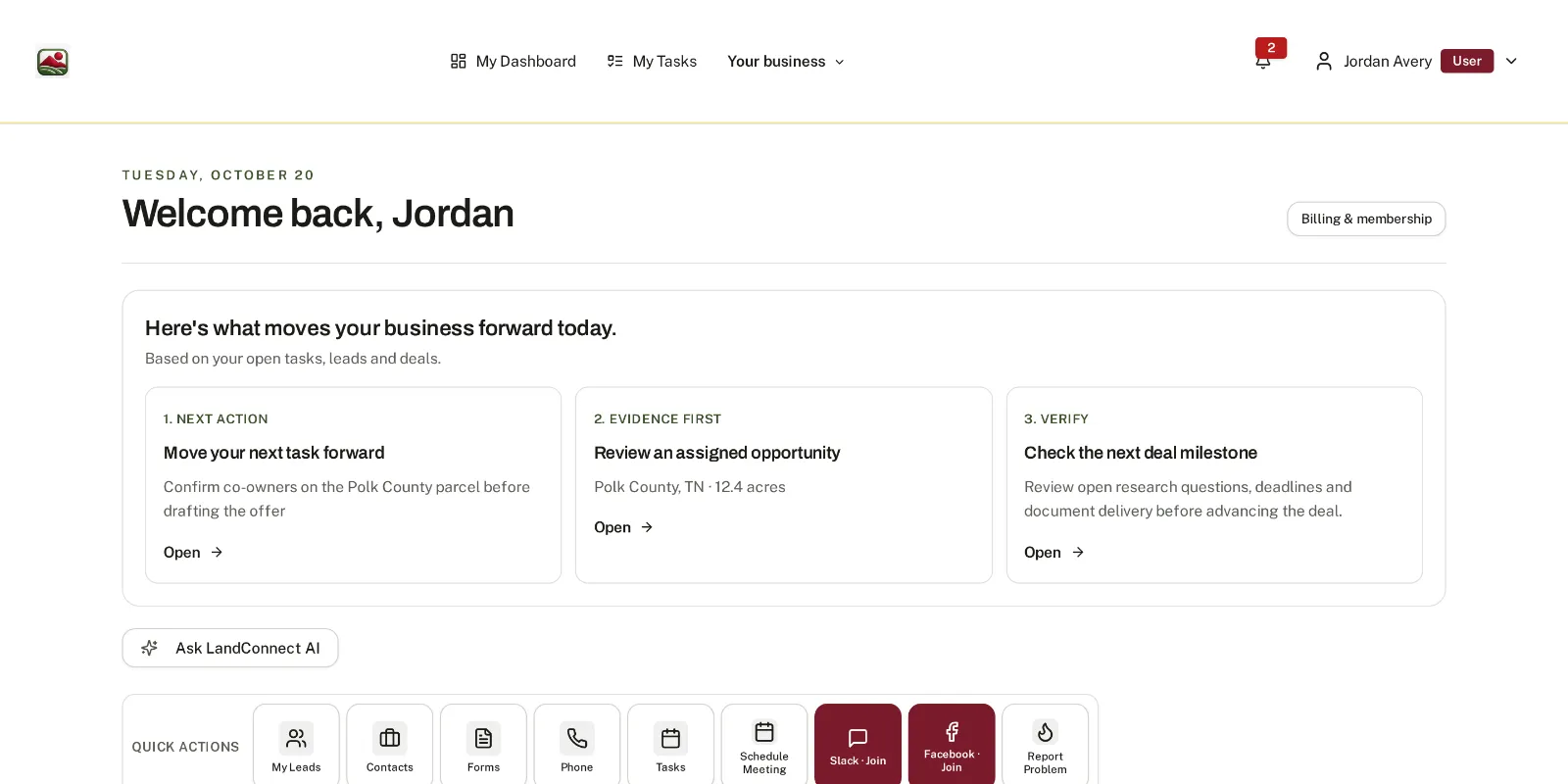 The LandConnect member dashboard: today's next action, an assigned seller opportunity and the next deal milestone